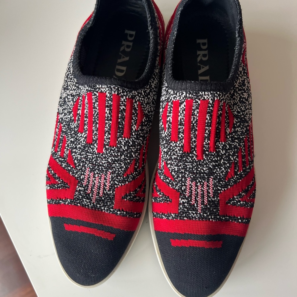 Prada Women's Red and Black Knit Slip-On Sneakers